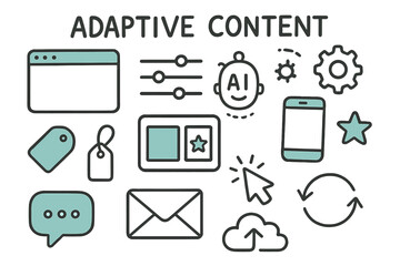 Adaptive Content Icons. // Adaptive content. Hand-drawn doodle illustration Adaptive content [browser window (accented), sliders (accented), gear, AI face,