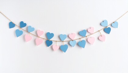 Pastel heart garland hanging on string against white background
