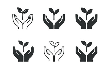 Fototapeta premium Hands Nurturing Sprout. Community-first branding. Set Logo of Community-first branding: open hands nurturing sprout. Icon set. harmonious logo variations of