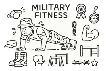 Obraz premium Military Fitness Doodles. Military fitness. Hand-drawn doodle illustration military fitness soldier, push-up pose, whistle, stopwatch, boots, hat, obstacle