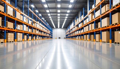 Modern warehouse interior with tall shelves and stacked boxes