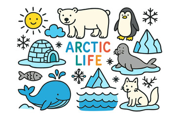 Naklejka premium Arctic Life Doodle. Arctic Life. Colorful Hand-drawn doodle Children illustration Arctic Life polar bear, seal, penguin, igloo, snowflake, ice floe, fish,