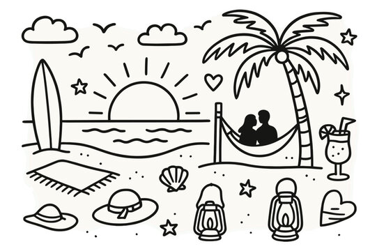 Beach Sunset Icons. Beach sunset. Hand-drawn doodle illustration beach sunset sun over waves, palm tree, birds, surfboard, hammock, couple