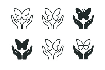 Healing Butterfly Logos. Nature-based therapies for mental health. Set Logo of Nature-based therapies for mental health: butterfly emerging from open hands.