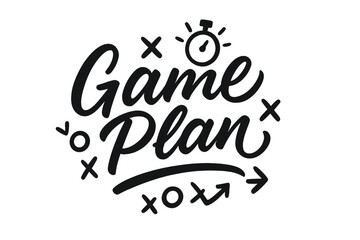 Obraz premium Dynamic Script Design. Game Plan ? Script Hand-Lettering; brush script with semi-cursive connectors and fluid pressure contrast; centered layout with gentle