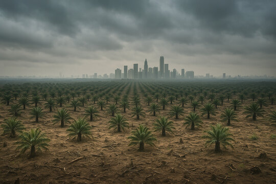 Rows of oil palm trees stretch toward a modern city skyline under stormy skies, symbolizing deforestation, urban expansion, and the environmental cost of palm oil production.