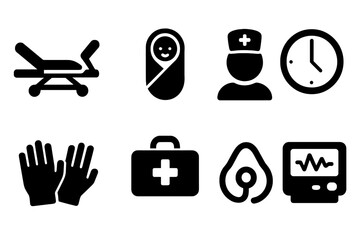 Labor Icon Set. Labor and delivery. Filled icon set of labor and delivery: delivery bed, newborn baby, nurse,