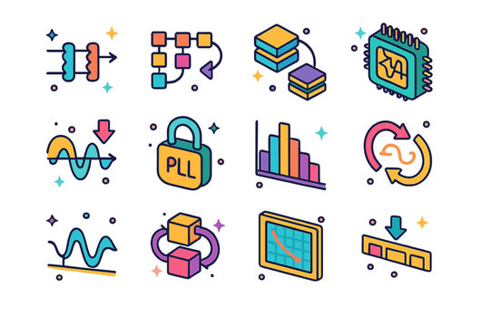 Signal Processing Icons. Signal processing and coding. Colorful isometric vector icons set of Signal processing and coding: convolutional coder, LDPC decoder,