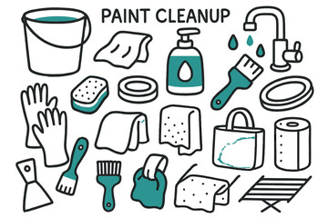 Paint Cleanup Essentials. Paint cleanup. Hand-drawn doodle illustration paint cleanup [bucket (accented), rag, soap bottle (accented), brush under faucet