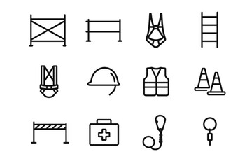 Scaffolding Safety Icons. Scaffolding and Safety. Line icon set of Scaffolding and Safety: scaffold frame, guardrail, toe board, access ladder, safety harness,
