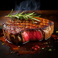 Juicy medium-rare grilled steak with rosemary sprig and steam