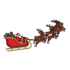 reindeer pulling santa’s sleigh, vector style, smooth contour lines, no shadow, white background