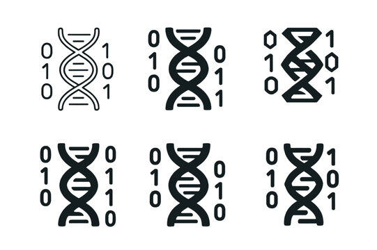 Genetic Logo Variations. Genetic modification. Set Logo of genetic modification: gene sequence code with binary digits. Icon set. harmonious logo variations of