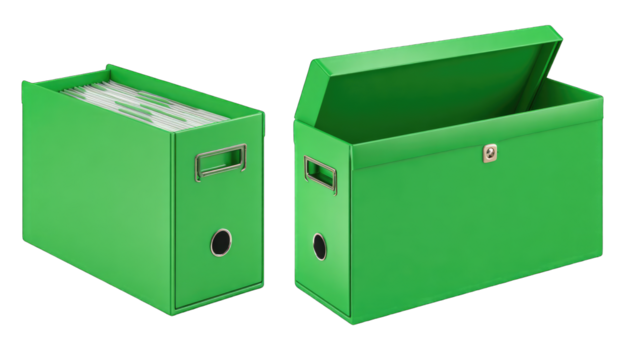 Two green file boxes, one closed, one open