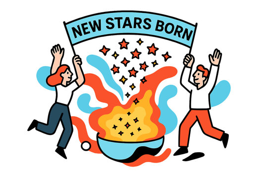 Cosmic Birth Celebration. Cosmic Birth Announcement. Tiny star icons pop like confetti from a glowing cradle of gas; a banner reads ?New Stars Born.? Dust
