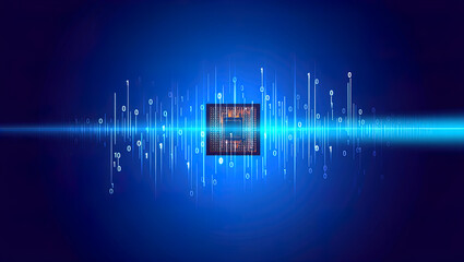 An abstract, futuristic digital composition depicting a microchip (processor) with connected circuits, immersed in a binary code environment and emitting light.