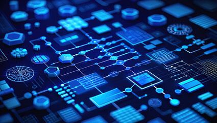 An abstract, futuristic digital composition depicting a microchip (processor) with connected circuits, immersed in a binary code environment and emitting light.