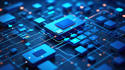 An abstract, futuristic digital composition depicting a microchip (processor) with connected circuits, immersed in a binary code environment and emitting light.