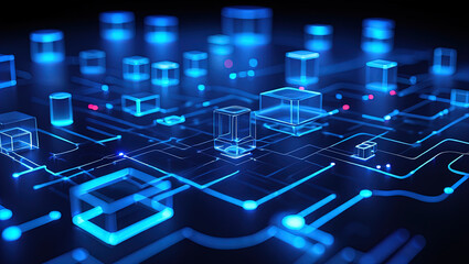 An abstract, futuristic digital composition depicting a microchip (processor) with connected circuits, immersed in a binary code environment and emitting light.
