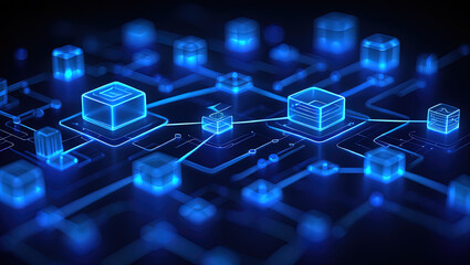An abstract, futuristic digital composition depicting a microchip (processor) with connected circuits, immersed in a binary code environment and emitting light.