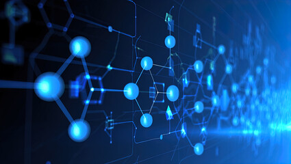 An abstract, futuristic digital composition depicting a microchip (processor) with connected circuits, immersed in a binary code environment and emitting light.