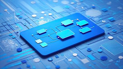 An abstract, futuristic digital composition depicting a microchip (processor) with connected circuits, immersed in a binary code environment and emitting light.