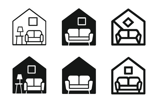 Stylish Staging Logos. Home staging for selling. Set Logo of home staging for selling: furnished living room setup. Icon set. harmonious logo variations of the