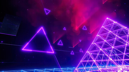 An abstract digital composition consisting of colorful triangular shapes connected by lines on a dark background, in vibrant neon shades of pink, blue and turquoise, giving it a futuristic look.