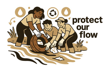 River Cleanup Action. River Ecosystem ? River Cleanup. Volunteers lift debris with gloved hands; floating icons of recycling and water drops circle around.