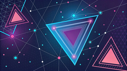 An abstract digital composition consisting of colorful triangular shapes connected by lines on a dark background, in vibrant neon shades of pink, blue and turquoise, giving it a futuristic look.