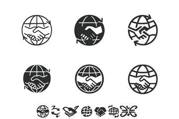 Global Trade Logos. tariff negotiations. Set Logo of tariff negotiations: handshake over globe and trade arrows. Icon set. harmonious logo variations of the