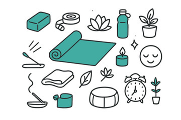 Fototapeta premium Yoga Essentials Doodle. Yoga flow setup. Hand-drawn doodle illustration yoga flow setup [yoga mat (accented), block (accented), strap, water bottle (accented),