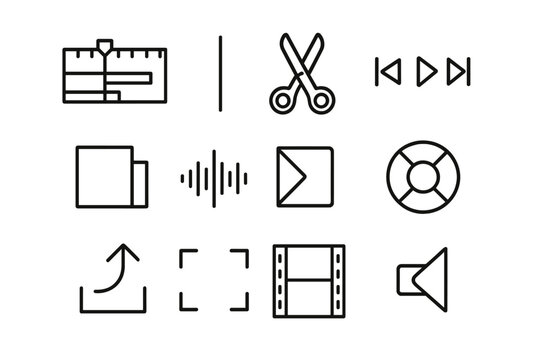 Video Editing Icons. Video Editing. Line icon set of Video Editing: timeline, playhead, scissors cut, playback controls, clip segment, sound wave, transition
