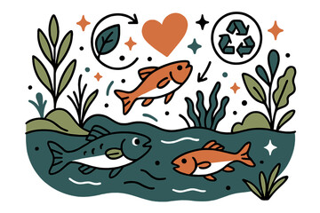 Obraz premium Dynamic River Ecosystem. Ecology. River ecosystem with fish, plants, and abstract floating icons and sparkles; conveys aquatic life, environmental awareness,