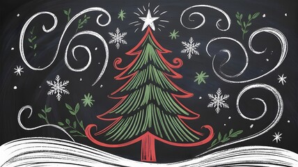 Festive chalkboard Christmas tree design, cozy winter holiday background, hand-drawn snowflakes, decorative swirls, charming aesthetics, happy new year, vintage style, merry Christmas backdrop