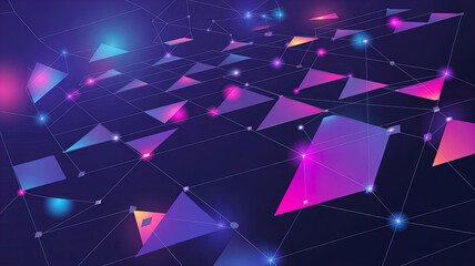 An abstract digital composition consisting of colorful triangular shapes connected by lines on a dark background, in vibrant neon shades of pink, blue and turquoise, giving it a futuristic look.