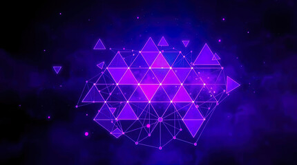 An abstract digital composition consisting of colorful triangular shapes connected by lines on a dark background, in vibrant neon shades of pink, blue and turquoise, giving it a futuristic look.