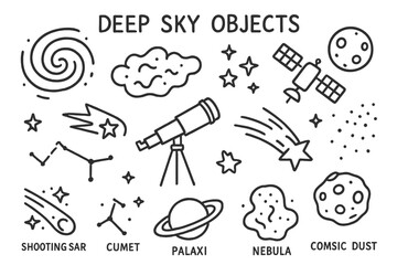 Fototapeta premium Celestial Doodle Collection. Deep sky objects. Hand-drawn doodle illustration deep sky objects galaxy spiral, nebula cloud, star cluster, telescope, shooting