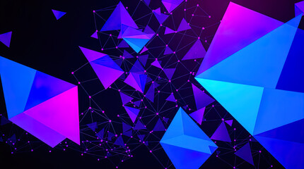 An abstract digital composition consisting of colorful triangular shapes connected by lines on a dark background, in vibrant neon shades of pink, blue and turquoise, giving it a futuristic look.