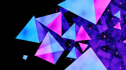 An abstract digital composition consisting of colorful triangular shapes connected by lines on a dark background, in vibrant neon shades of pink, blue and turquoise, giving it a futuristic look.