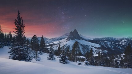 Fototapeta premium Majestic winter landscape, snow-covered mountains, vibrant starry night sky, aurora, evergreen forest, serene, aesthetic, peaceful nature, holiday background.