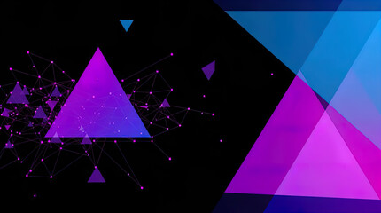 An abstract digital composition consisting of colorful triangular shapes connected by lines on a dark background, in vibrant neon shades of pink, blue and turquoise, giving it a futuristic look.