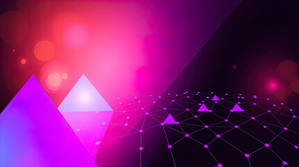 An abstract digital composition consisting of colorful triangular shapes connected by lines on a dark background, in vibrant neon shades of pink, blue and turquoise, giving it a futuristic look.