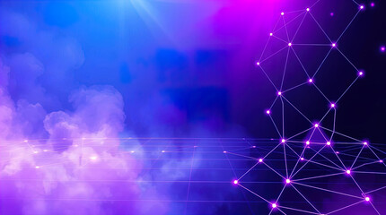 An abstract digital composition consisting of colorful triangular shapes connected by lines on a dark background, in vibrant neon shades of pink, blue and turquoise, giving it a futuristic look.