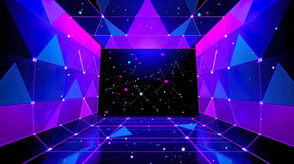 An abstract digital composition consisting of colorful triangular shapes connected by lines on a dark background, in vibrant neon shades of pink, blue and turquoise, giving it a futuristic look.