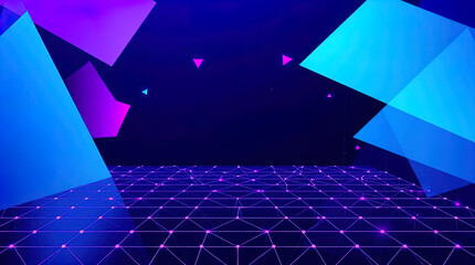 An abstract digital composition consisting of colorful triangular shapes connected by lines on a dark background, in vibrant neon shades of pink, blue and turquoise, giving it a futuristic look.