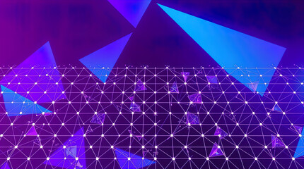 An abstract digital composition consisting of colorful triangular shapes connected by lines on a dark background, in vibrant neon shades of pink, blue and turquoise, giving it a futuristic look.