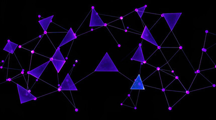 An abstract digital composition consisting of colorful triangular shapes connected by lines on a dark background, in vibrant neon shades of pink, blue and turquoise, giving it a futuristic look.