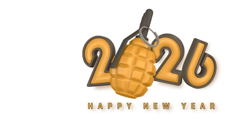 Modern 2026 Happy New Year Design With A Golden Grenade Replacing Zero, Symbolizing Power, Change, And Impact. Creative Festive Concept In 3D Style. Vector Illustration