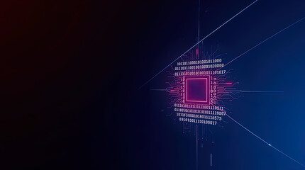 An abstract, futuristic digital composition depicting a microchip (processor) with connected circuits, immersed in a binary code environment and emitting light.